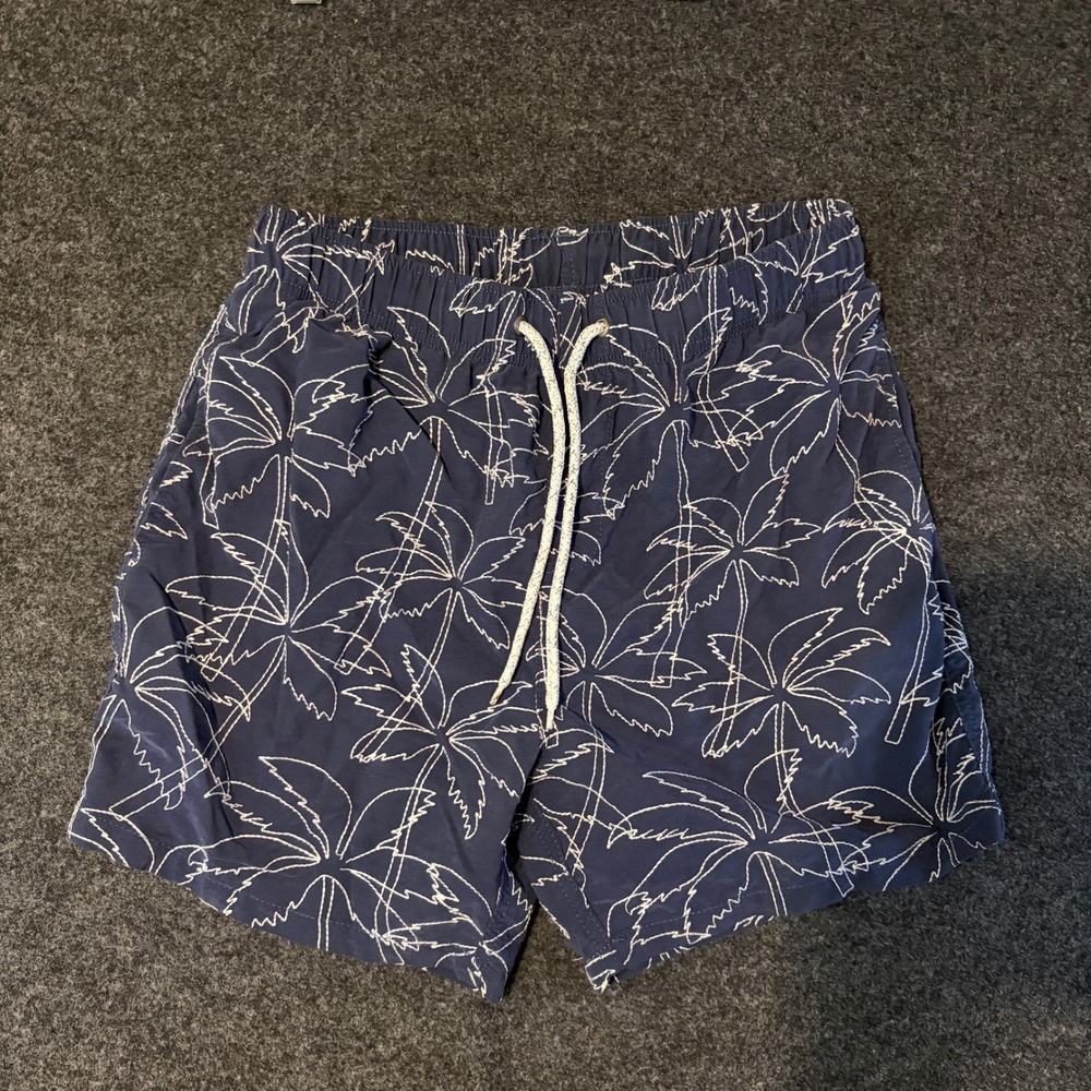 Surf Style Mens Small Navy Blue Palm Tree Print Swim Trunks Board Shorts